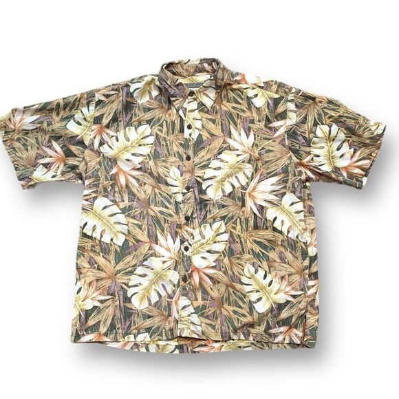 Vintage Koa Road Shirt Hawaiian Leaf Printed Tan Short Sleeve Button Front Top - Picture 3 of 9
